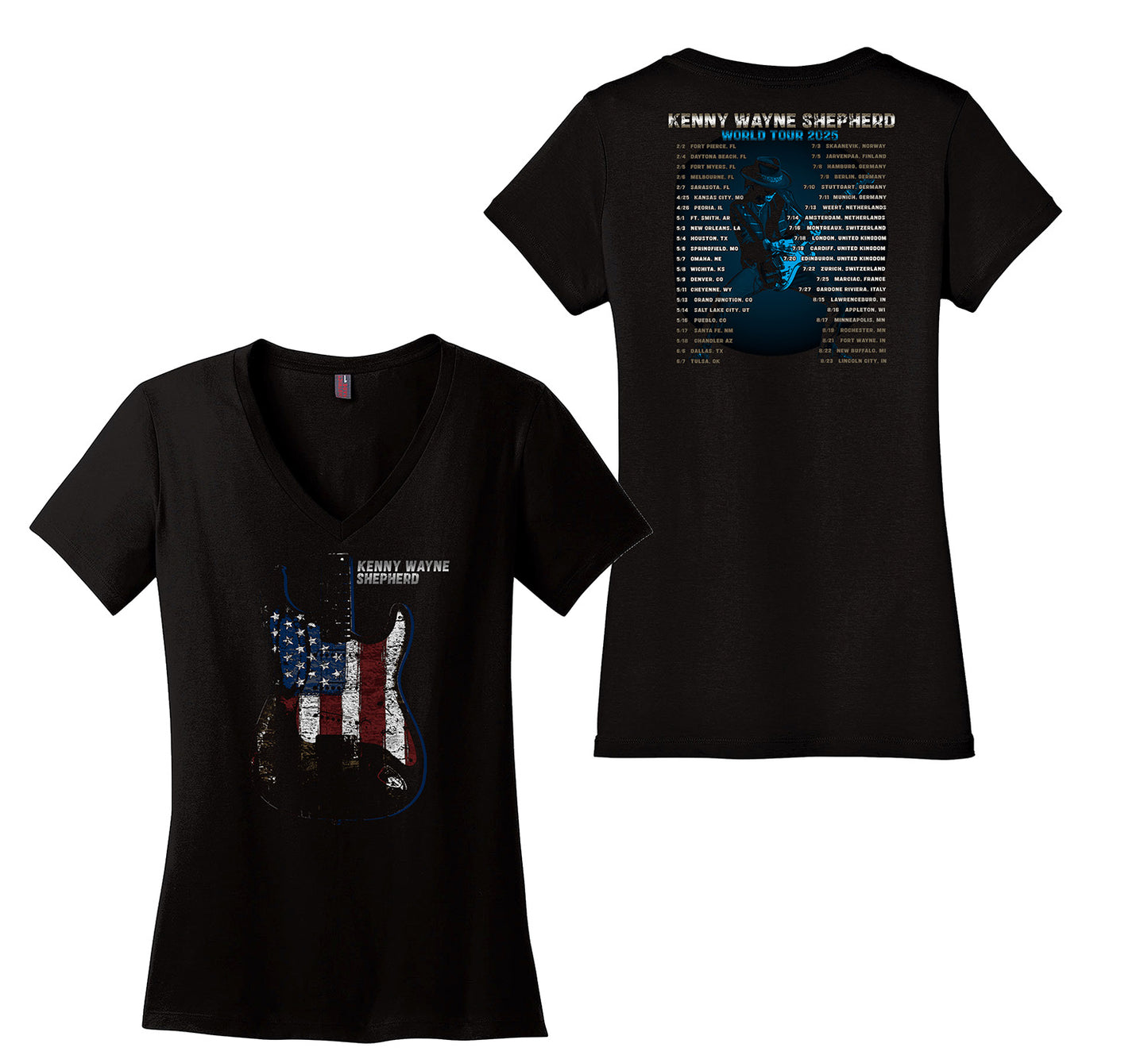 Kenny Wayne Shepherd "World Tour" Ladies Red, white & blue guitar V-neck T-shirt
